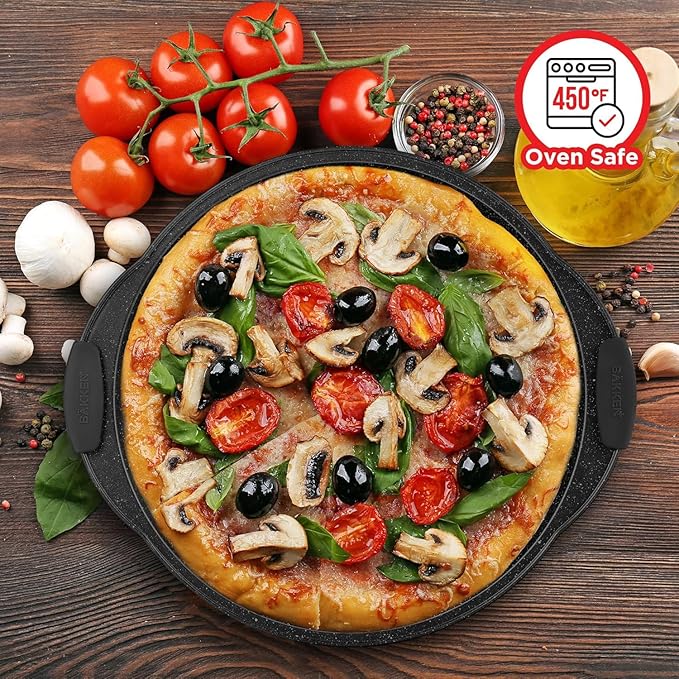 Non-Stick Pizza Pan with Silicone Handle 2 Pack, 13 Inch Round Carbon Steel Tray with Perforated Holes, Dishwasher & Oven Safe Up To 450°F, PFOAPFOSPTFE Free, Durable Nonstick Gray Coating