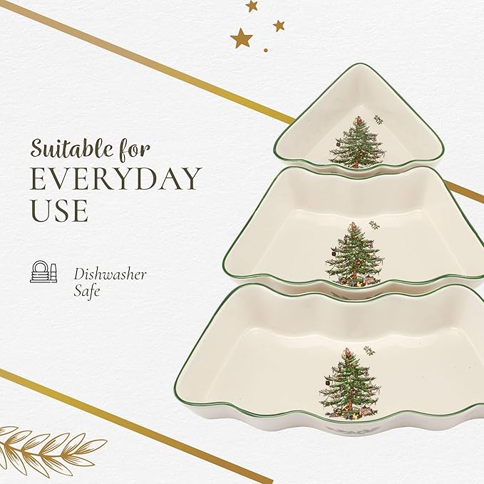 Spode Christmas Tree Dip Bowls - 3 Piece Ceramic Christmas Dipping Set - Festive Salsa Bowls for Holidays - Durable, Dishwasher Safe - Holiday Dinnerware
