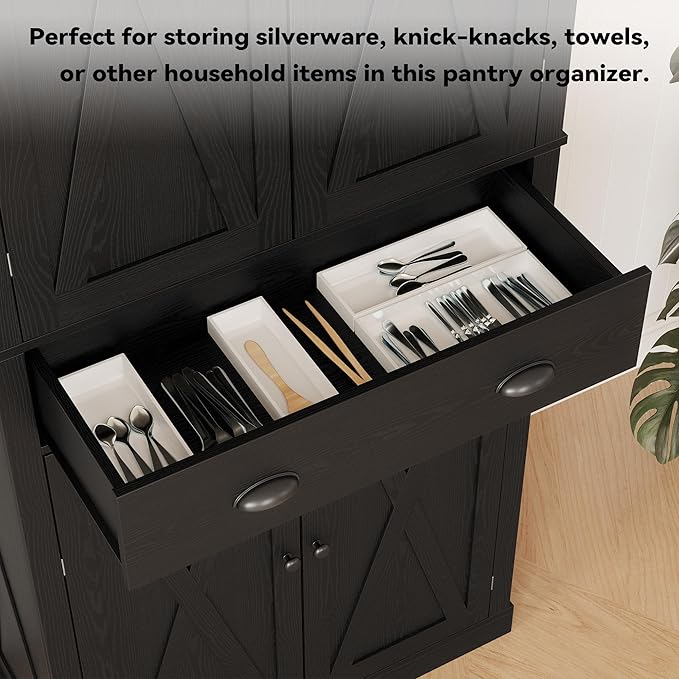 IRONCK Kitchen Pantry Storage Cabinet 83.9" H, with Barn Doors, Drawer, 4 Adjustable Shelves, Freestanding Cupboard for Dining Room Living Room, Laundry, Black