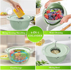 4 in 1 Colander with Bowl Set, Food Strainers and Colanders, Colander for Kitchen, Pasta Strainer, Fruit Washing Bowl, Kitchen Essentials Strainer Basket Bowl, Green