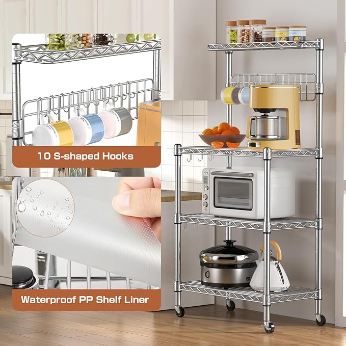 Leteuke Bakers Rack for Kitchen with Storage, NSF Certified 4-Tier Adjustable Coffee Bar with Wheels 10 S-Hooks Microwave Stand Kitchen Storage Shelf Metal Storage Rack 30 x 14 x 59 Inches, Chrome