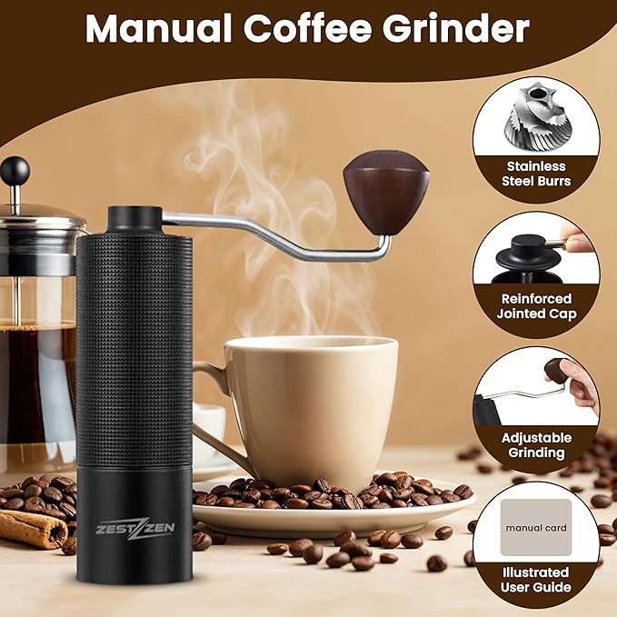 Manual Coffee Grinder – Portable Conical Burr Hand Grinder with Adjustable Settings & Double Bearings – Stainless Steel Coffee Mill for Espresso, French Press, Travel & Camping Gift