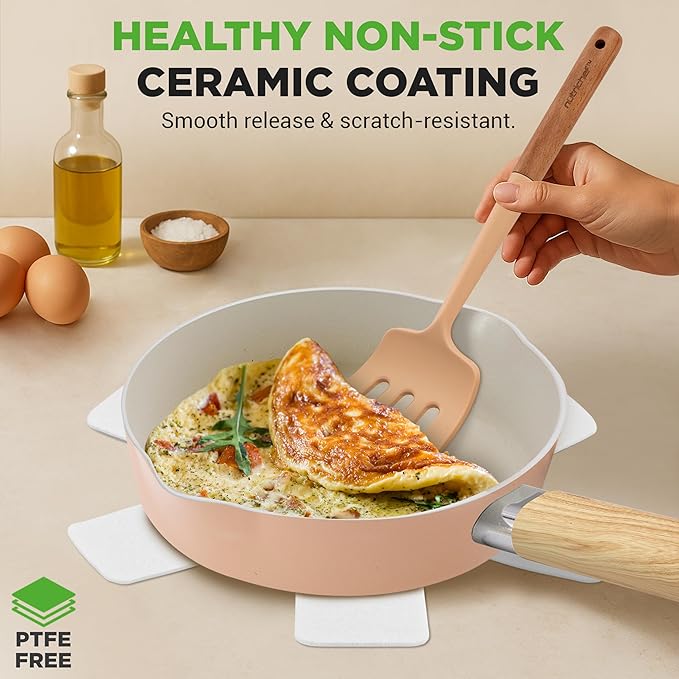 NutriChef 14-Piece Non-Stick Ceramic Cookware Set - Induction Safe Pots and Pans with Glass Lids, Cool-Touch Handles, Even Heat Distribution, Dishwasher Safe, Includes Ladle, Tong, Spatula (Pink)