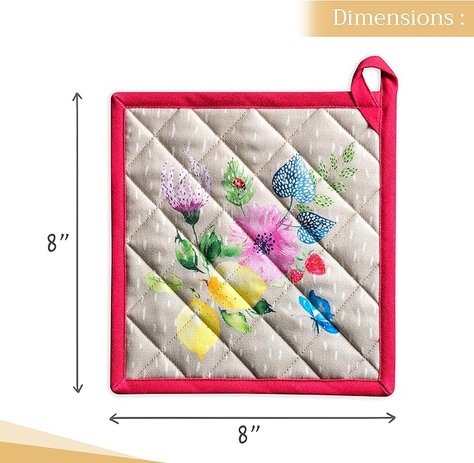 Maison d' Hermine Pot Holders Set 100% Cotton Heat Resistant Potholders 8" x 8" Hot Pads with Loop BBQ, Cooking, Grilling, Kitchen, Handling Hot Pans Spring/Summer (Pack of 2, Jardin D'Ete - Fog)