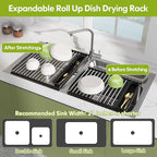 Dish Drying Rack, Roll Up Dryer Rack for Inside Sink, Expandable (12.8"-23.8" D x 15.5" W) 304 Stainless Steel Dish Drainers for Kitchen Counter, Over Sink Cover with Utensil Holder