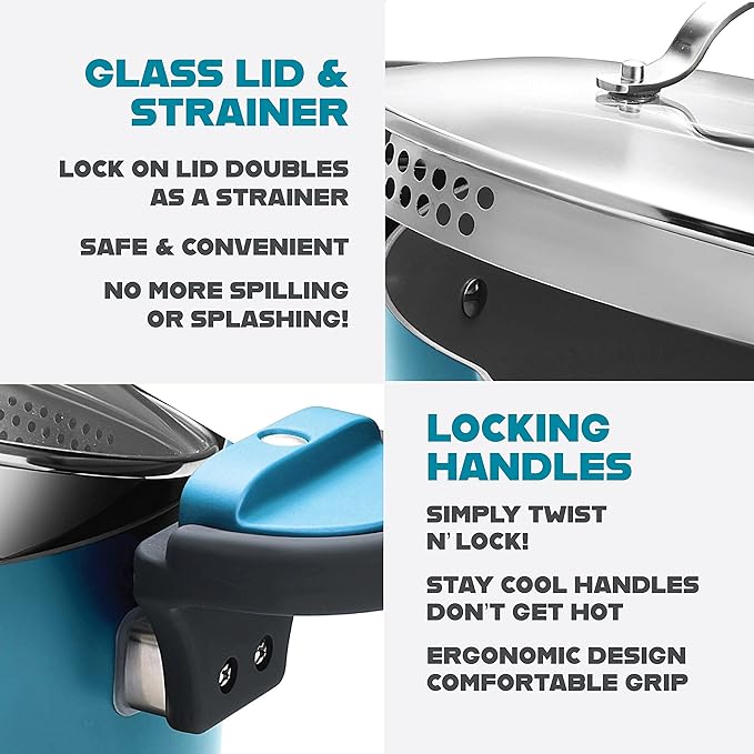 Gotham Steel 5 Quart Stock Pot Ceramic Multipurpose Pasta Pot with Strainer Lid & Twist and Lock Handles, Tempered Glass Lid, Dishwasher Safe, Aqua Blue