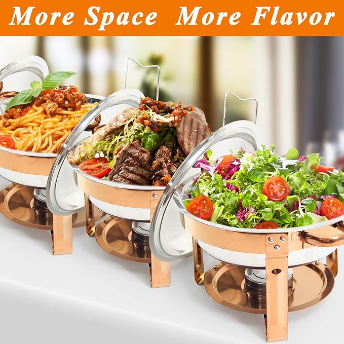 2-Pack Round Chafing Dishes for Buffet, 5QT Stainless Steel Buffet Chafing Set for Catering, Parties & Events-Rose Gold
