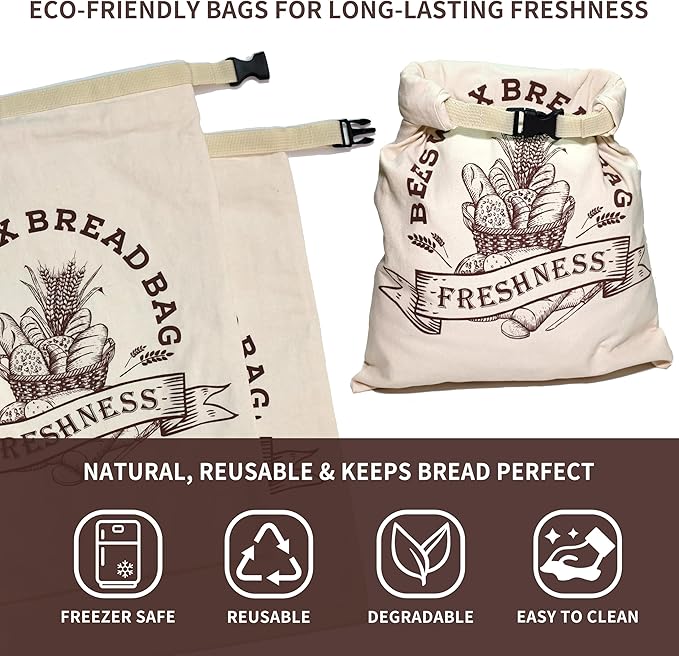 2 Pack Reusable Beeswax Bread Bags for Sourdough & Homemade Bread - XL Organic Cotton with Zipper & Snap Closure Freezer-Friendly Freshness Preservation