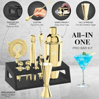 IOV Mixology Bartender Kit With Stand | 12-Piece Cocktail Shaker Set | 24oz Martini Shaker Set For Drink Mixing | Bar Set Includes All Bar Tools And Recipe Booklet | Fun Housewarming Gift (Gold)