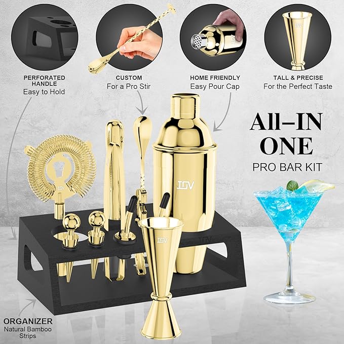 IOV Mixology Bartender Kit With Stand | 12-Piece Cocktail Shaker Set | 24oz Martini Shaker Set For Drink Mixing | Bar Set Includes All Bar Tools And Recipe Booklet | Fun Housewarming Gift (Gold)