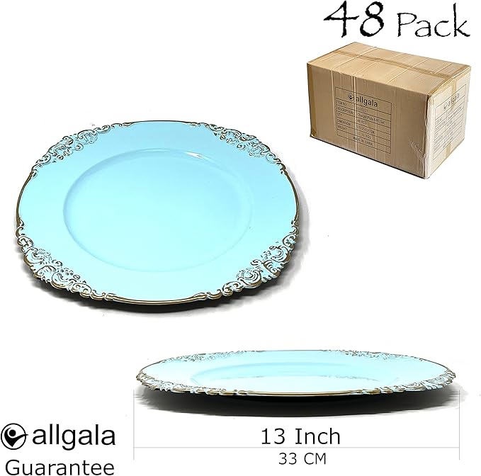 allgala Heavy Quality Round Charger Plates - Charger for Dinner Plate - Set of Charger Plates for Table Decor - Ideal for Weddings, Thanksgiving Parties & Holidays - Floral Turquoise (13-Inch 48-Pack)