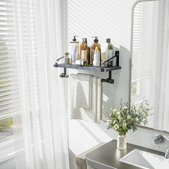 Love-KANKEI Wall Shelf for Storage Rustic Wood Kitchen Spice Rack with Towel Bar and 8 Removable Hooks for Organize Cooking Utensils or Mugs Floating Shelf Weathered Grey