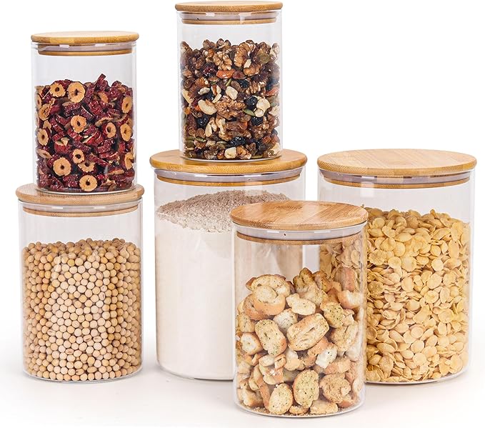 Glass Storage Containers with Lids, Glass Jars with Bamboo Lids, Large Food Storage Jar, Sugar, Pantry Storage Container for Pasta Rice Flour Oats Nuts Tea Spice (Round 27oz*2+54oz*2+100oz*2)
