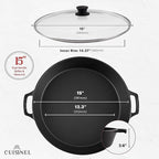 Cuisinel 15" Large Cast Iron Skillet + Glass Lid + Black Chainmail Scrubber - Dual Handle Braiser Frying Pan + Silicone Handle Covers - Pre-Seasoned Oven, Grill, Stovetop, Fire Indoor/Outdoor Cookware