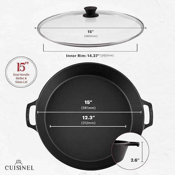 Cuisinel 15" Large Cast Iron Skillet + Glass Lid + Black Chainmail Scrubber - Dual Handle Braiser Frying Pan + Silicone Handle Covers - Pre-Seasoned Oven, Grill, Stovetop, Fire Indoor/Outdoor Cookware