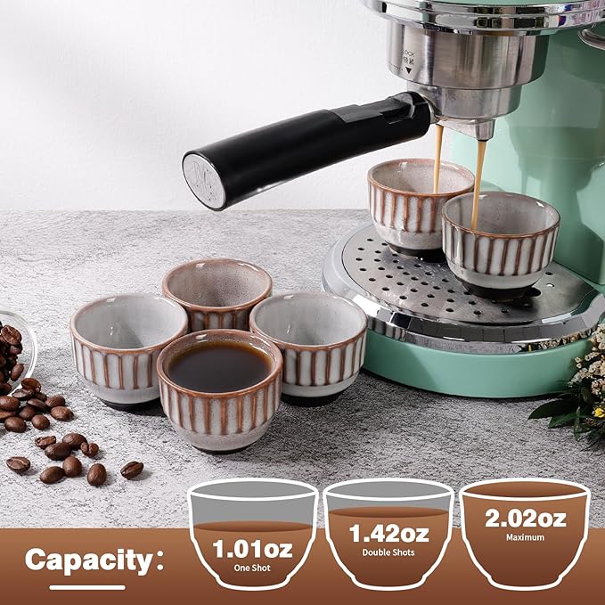 Ceramic Espresso Cup set of 6, One Shot Coffee Cups,Tiny Cofffee Mugs Demitasse for Espresso, Vertical Stripes Espresso Cup Set of 6 (Top Kiln-Gray & Bottom Dark Brown)