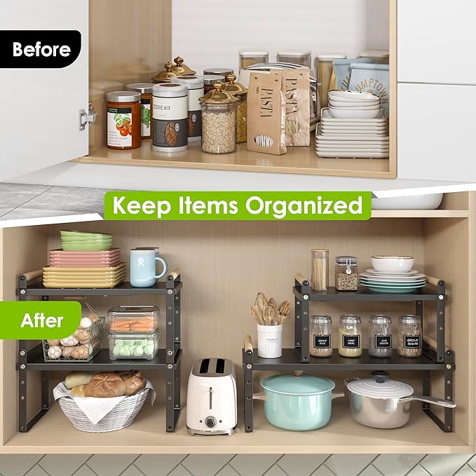 DOLALIKE Expandable kitchen Countertop Organizer, Stackable Cabinet Shelf Organizers, Space Saving Spice Rack Pantry Storage for Bathroom Office Organization (6.9'D*13-19.7''W*15.7''H, Black)