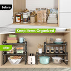DOLALIKE Expandable kitchen Countertop Organizer, Stackable Cabinet Shelf Organizers, Space Saving Spice Rack Pantry Storage for Bathroom Office Organization (6.9'D*13-19.7''W*15.7''H, Black)