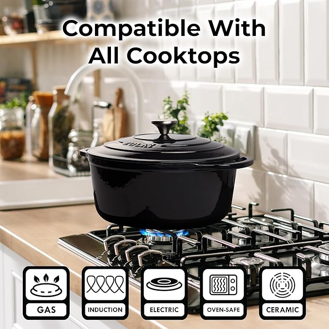 Zulay Kitchen 7.7 Quart Enameled Cast Iron Dutch Oven with Lid, Silicone Trivet & Heat Pad – Premium Durability & Oven Safe up to 500°F – Heavy Duty Cookware Perfect for Bread Baking, Stews, Braising & Roasting – Black