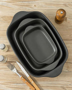 Casserole Dishes for Oven, Stoneware Baking Dishes Set of 3, Ceramic Baking Pan, Deep Rectangular Lasagna Pan, Farmhouse Bakeware Sets for Christmas Gift, (14.9"/12"/8.8"), Matte Black