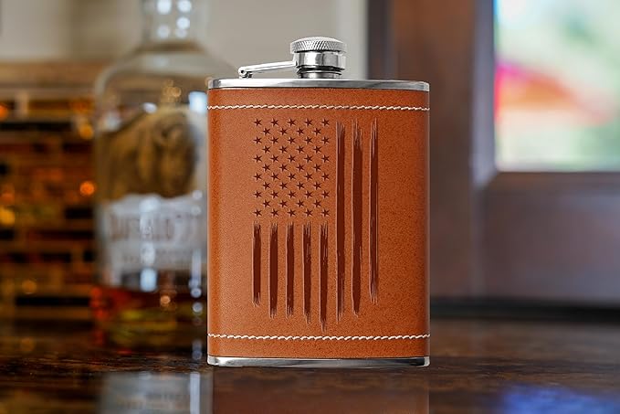 Leather Wrapped 8 oz American Flag Flask | Stainless Steel USA Hip Flask – Tobacco Brown, American Flag Gifts | Disabled USMC Vet Owned SMALL Business