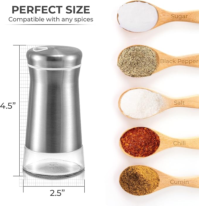 Salt Shaker or Pepper Shaker with Adjustable Pour Holes - Elegant Stainless Steel Spice Dispenser - Perfect for Himalayan, Table Salt, White and Black Pepper (Salt Shaker)