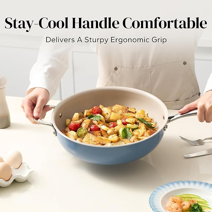 Redchef Ceramic Saute Pan with Lid, Nonstick Deep Frying Pan, 5QT Jumbo Cooker with Helper Handle & Lid, Non Toxic Ceramic Cooking Pan, Chef Pan, Dishwasher & Oven Safe, PFAS PFOA & PTFE Free（Blue）