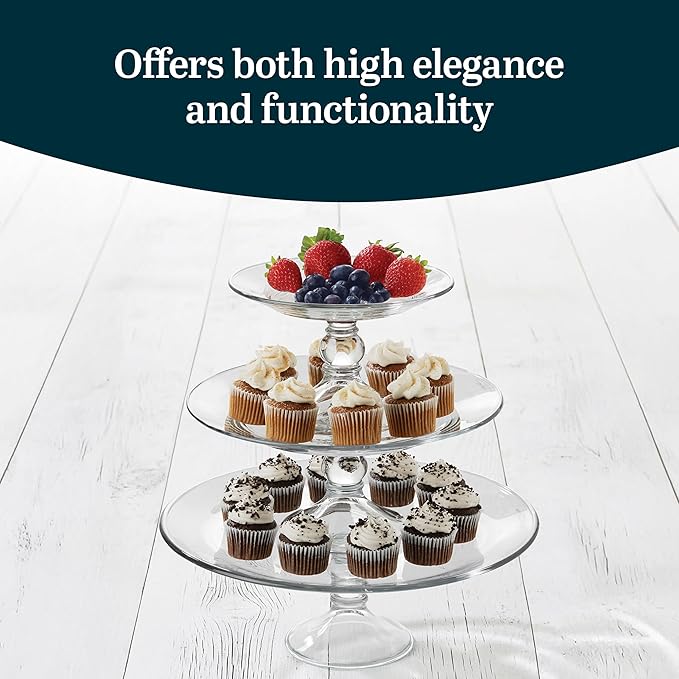 Libbey Selene 3 Tier Serving Stand Set, Elegant, Curvy Style Glass Dessert Stand, Dishwasher Safe 3 Tiered Dessert Stand for Fruit and Candy bowls