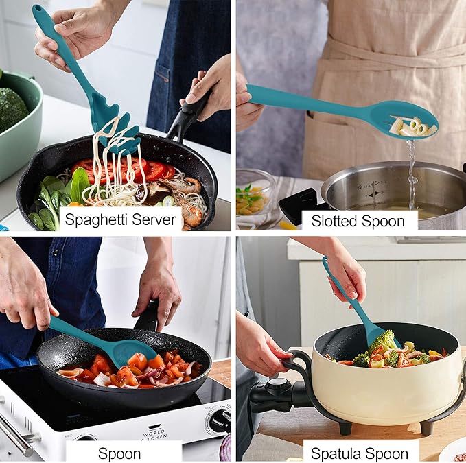 LIANYU 12-Piece Silicone Kitchen Cooking Utensils Set with Holder, Kitchen Tools Include Slotted Spatula Spoon Turner Ladle Tong Whisk, Dishwasher Safe, Dark Blue