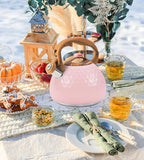 Whistling Tea Kettle,3.2Qt Stainless Steel Stove Kettle, Food Grade Teapot with Wood Pattern Handle for Coffee, Milk etc, Gas Electric Applicable (Pink)