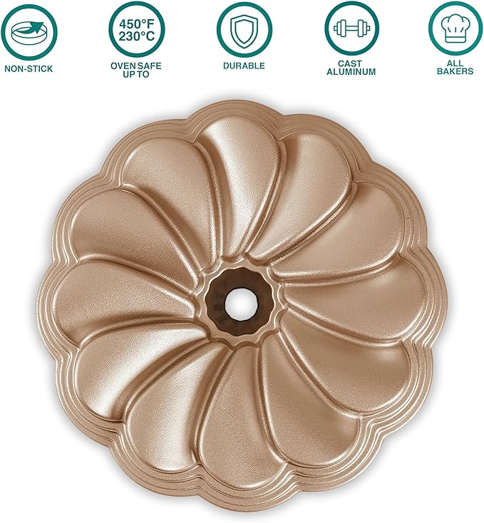 Baker's Secret for Fluted Cake Pan, Fluted Cake Pans, Perfect for Fluted Cakes, Die Cast Aluminum Cake Pans, 2 Layers Non-stick Coating, Novelty Cake Pan - The Cast Aluminum Collection (Petal)