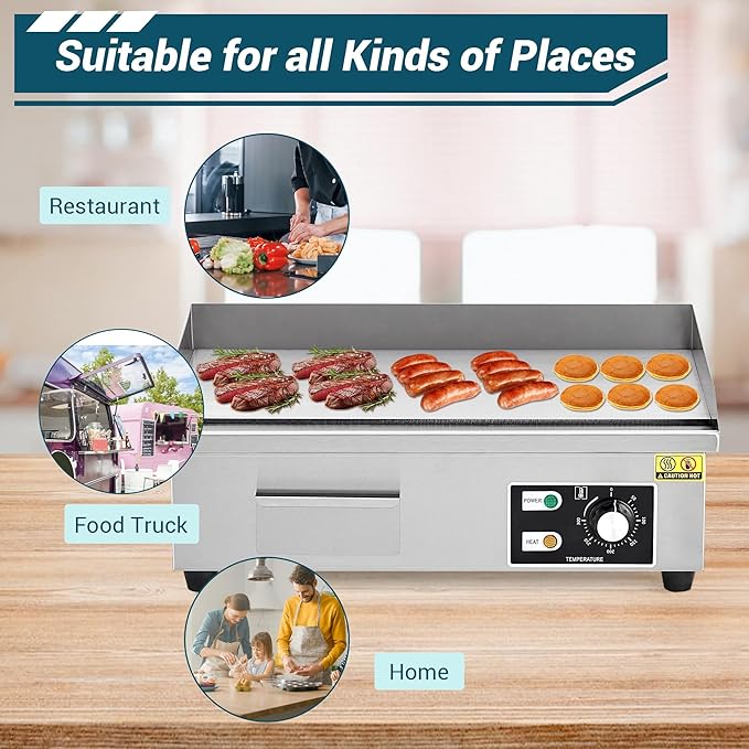 21 in Commercial Electric Griddle Countertop, 1600 w Flat Top Breakfast Teppanyaki Grill Non Stick, Heavy Duty Stainless Steel Pancake Griddle for BBQ Party Restaurants