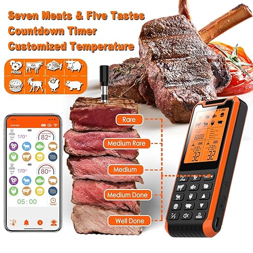 Smart Bluetooth Meat Thermometer - Long Range Wireless Food Thermometer, Digital Meat Thermometer with Dual Probes for BBQ Grill, Oven, Smoker, Air Fryer