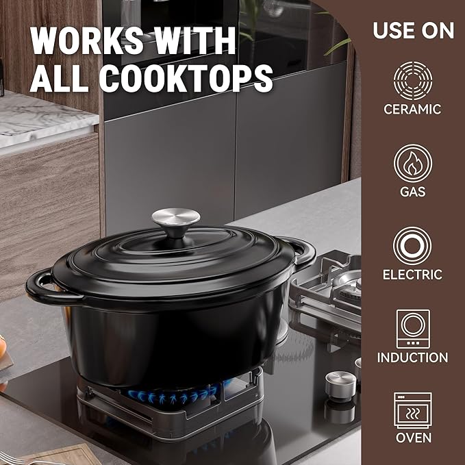 Oval Dutch Oven for Bread Baking, 4.5 Quart Non Stick Enameled Cast Iron Dutch Oven Pot with Lid, Oven Safe Oval Casserole with Lid up to 500°F for Baking, Braising, Stews, Roasting (Black)