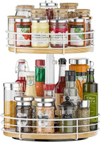 Two Tier Lazy Susan Organizer Turntable Height Adjustable, 2 Tier Wood Lazy Susan 12 Inch, Rotating Spice Rack Organizer for Cabinet Dining Table Top Kitchen Bathroom Countertop White