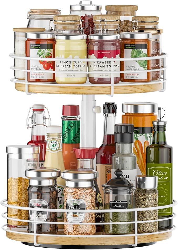 Two Tier Lazy Susan Organizer Turntable Height Adjustable, 2 Tier Wood Lazy Susan 12 Inch, Rotating Spice Rack Organizer for Cabinet Dining Table Top Kitchen Bathroom Countertop White