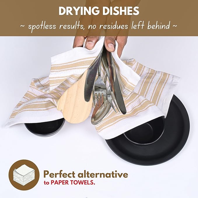 Native Fab Kitchen Dish Towels 16"x26" - Set of 4 - Absorbent Cotton Hand Towels, Restaurant Grade Dish Towels for Quick Drying, Cleaning, Dish Cloths Set with Hanging Loop - Beige and White