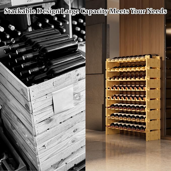 Bambloom Wine Rack Freestanding Floor, Stackable Wine Bottle Storage, Wooden Free Standing Wine Stand Organizer for Kitchen,Cellar. 36 Bottles Wine Holder Display Shelves for Champagne (Bamboo)