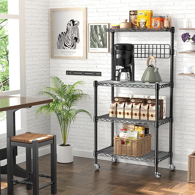 Leteuke Bakers Rack with Storage for Kitchen, NSF Certified 4-Tier Adjustable Coffee Cart Station with Wheels 10 S-Hooks Microwave Stand Kitchen Storage Shelf Metal Storage Rack 30 x 14 x 59 Inches, B