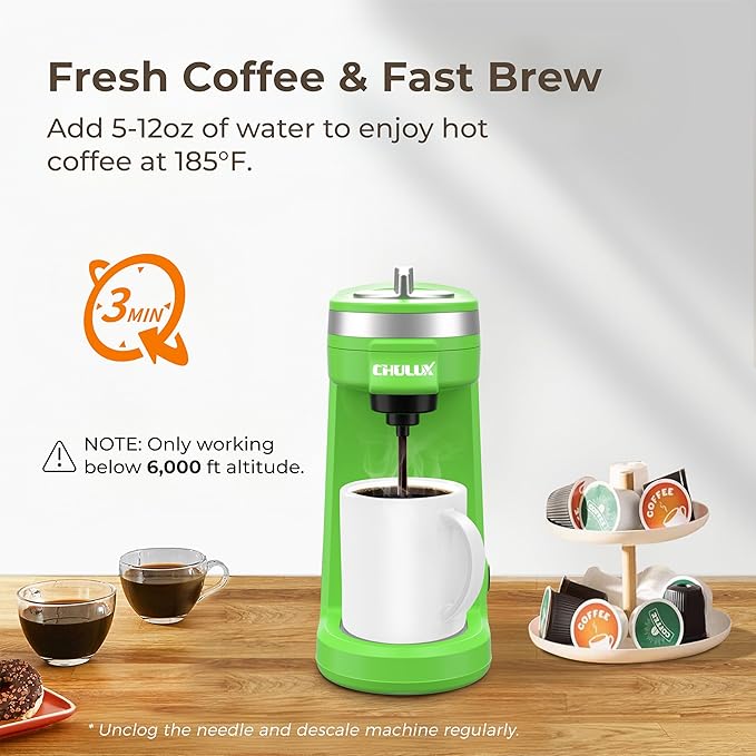 CHULUX Mini Single Serve Coffee Maker for K Cup Capsule, Tiny Small Size Coffee Machine for One Person Travel, RV, Truck and Home, Green