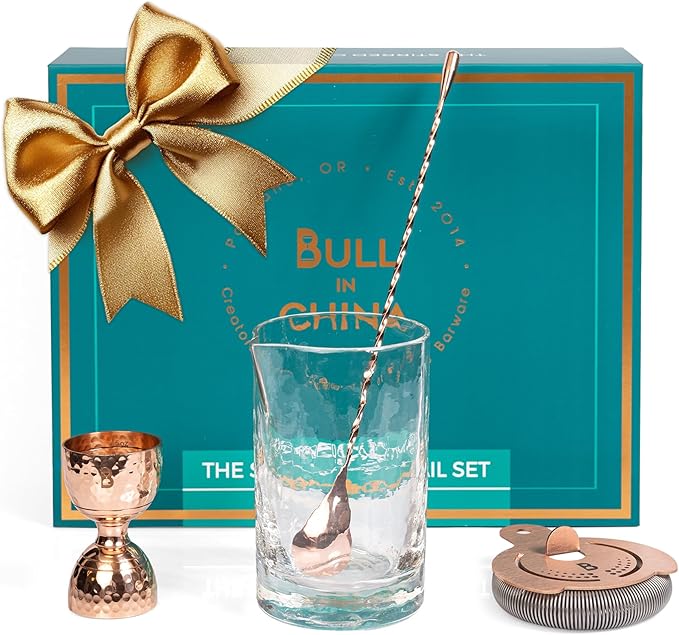 4 Piece Cocktail Kit by Bull In China - Premium Bartender Gift Set Includes Flagship Mixing Glass, 12 inch Barspoon, Bell Jigger & Hawthorne Strainer For Professional & Home Bars (Copper)