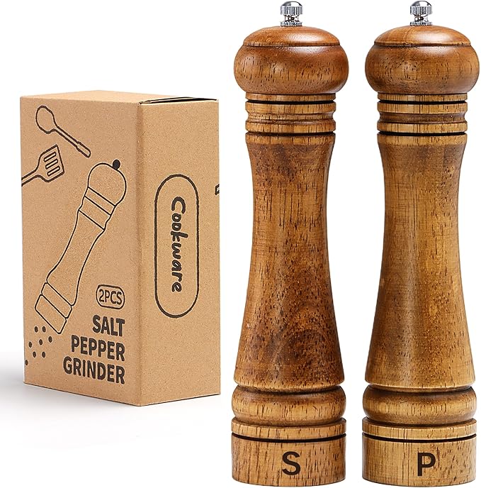 Wooden Salt and Pepper Grinder Set, Premium Oak Wood Salt Grinders Shakers, Pepper Mill with S and P Engraving, Adjustable Ceramic Grinder – 10 inches, 2 Pack