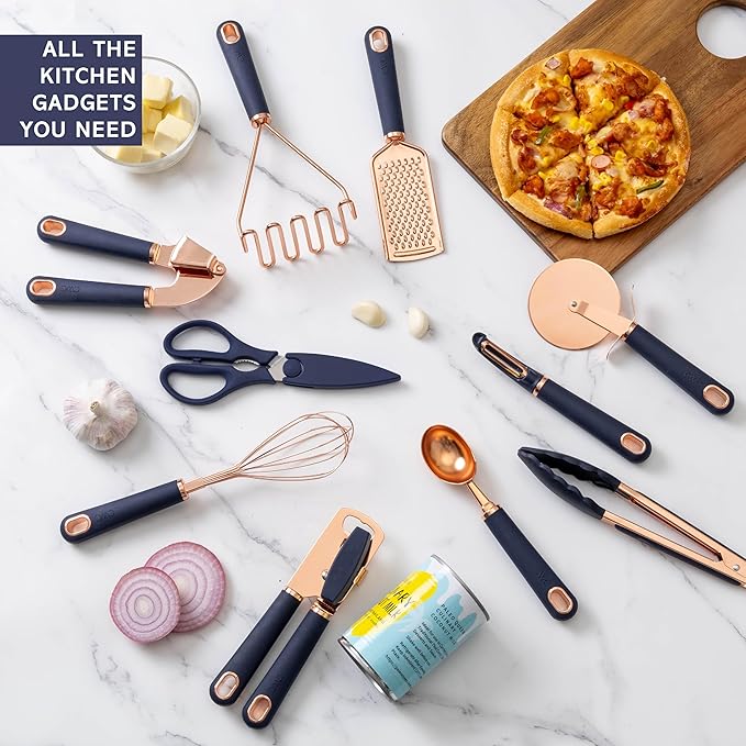 COOK WITH COLOR Kitchen Gadget Set Copper Plated Stainless Steel Utensils with Soft Touch Handles, Copper Navy, 10 Pieces