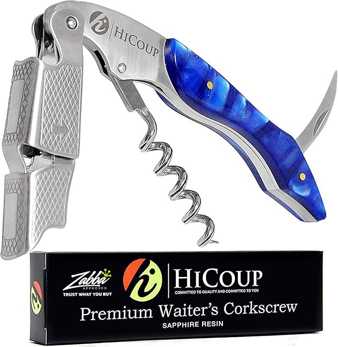 HiCoup Kitchenware Wine Opener - Professional Corkscrews for Wine Bottles w/Foil Cutter and Cap Remover - Manual Wine Key for Servers, Waiters, Bartenders and Home Use - Sapphire