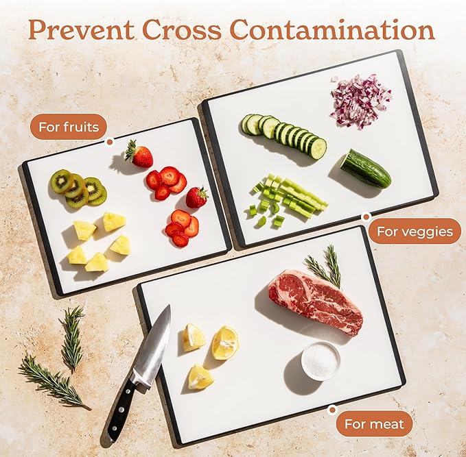 SMIRLY Plastic Cutting Board Set with Holder 3 Pieces, Non-Slip Dishwasher Safe Chopping Boards for Kitchen, Black & White