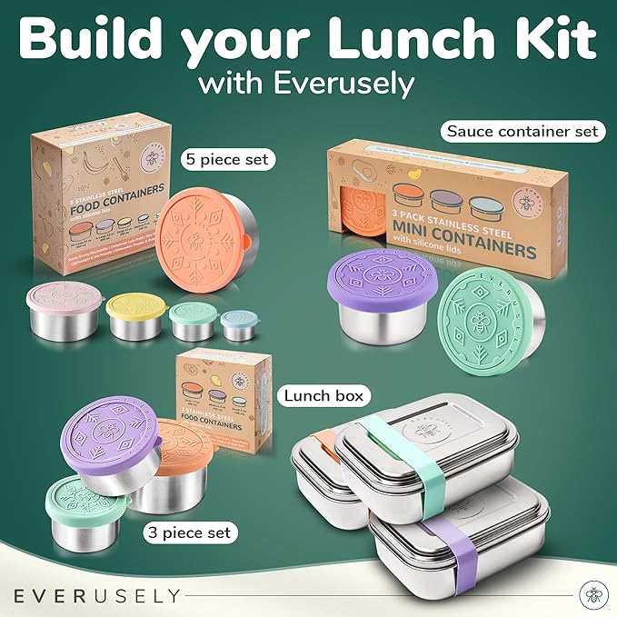 Everusely - Bento Box - Lavender, 27oz / 0.8 L - Stainless Steel Lunch Box with Leakproof Condiment Container - 3 Compartment Snack Organizer for On the Go Meals - Freezer & Dishwasher Safe