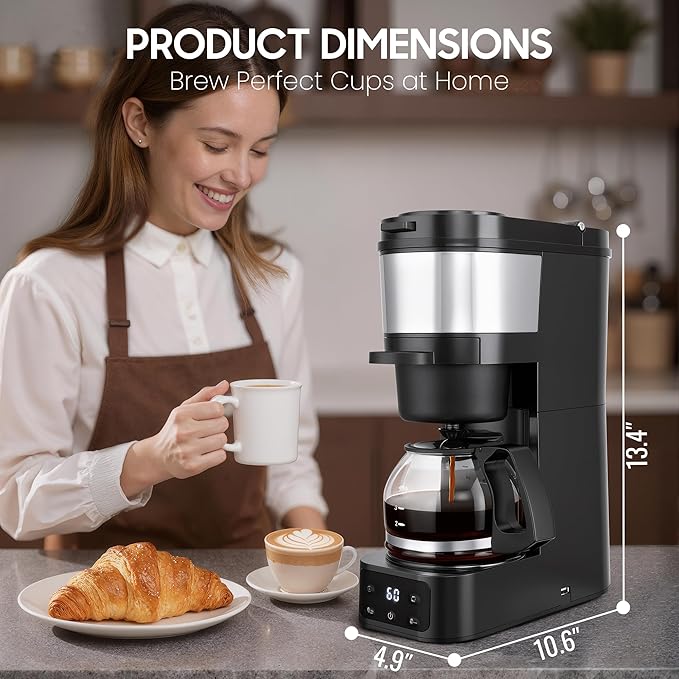 Grind and Brew Coffee Maker,Drip Coffee Maker with Grinder Built In,5-Cup Programmable Coffee Machine with Brew Strength,Warming Plate and Multiple Grind Levels for Home & Office