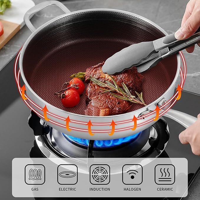 DELARLO Tri-Ply Stainless Steel 5.5QT Saute Pan With Lid, Nonstick 12.3 Inch Deep Frying Pan, Induction Large Skillet, Cooker Pan for Chefs, 12inch Chef's Pan Dishwasher & Oven Safe 650℉