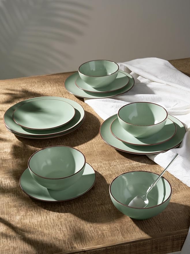 Famiware Venus Plates and Bowls Sets, 12 Pieces Stoneware Speckled Dinnerware Sets, Dishes Set for 4, Microwave and Dishwasher Safe, Matte Light Green