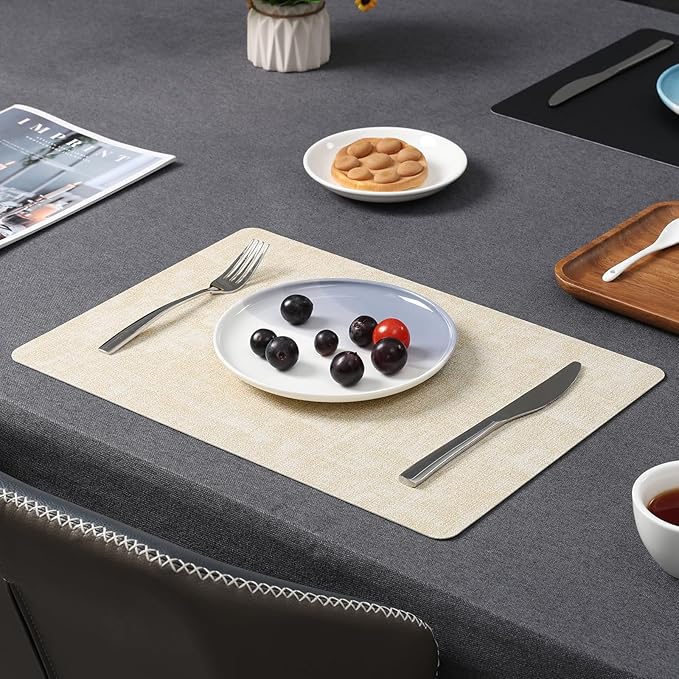 Myir JUN Dual Sided Faux Leather Placemats Set of 6 Indoor/Outdoor Square Non-Slip Washable Table Mats (Cream-White Black, Set of 6)